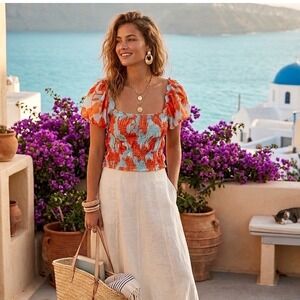 Olivaceous Anthropologie Floral Crop Top Large Orange Blue Euro Summer Coquette